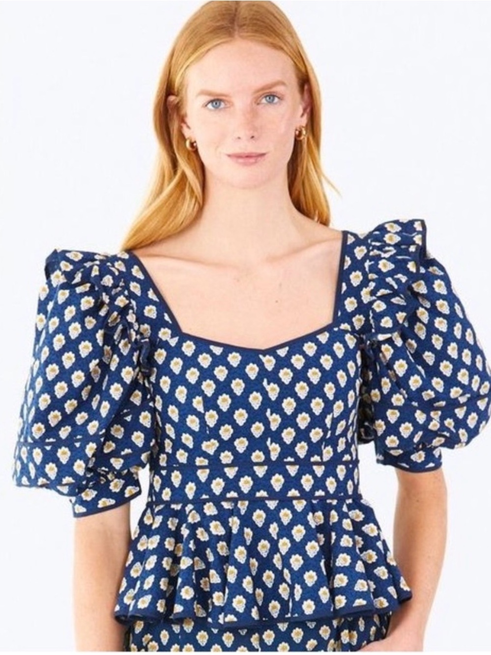 HUNTER BELL Navy and Cream Puff Sleeve Peplum Top